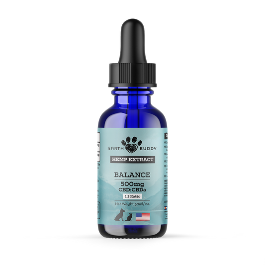Earth Buddy Balance CBD Oil for dogs and cats is a blend of 50/50 CBD, CBDa. Balance CBD, CBDa tincture in its box.
