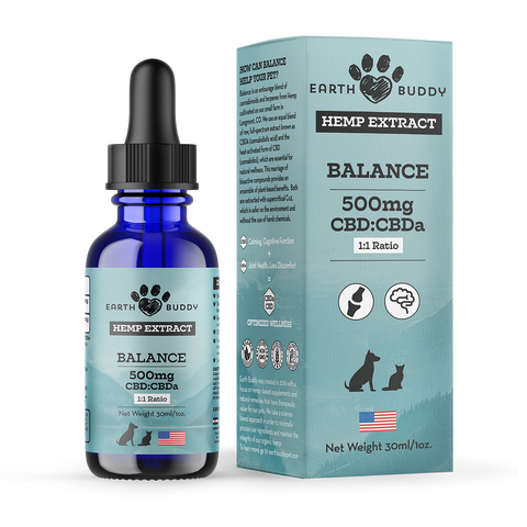 Earth Buddy Balance CBD Oil for dogs and cats is a blend of 50/50 CBD, CBDa. Balance CBD, CBDa tincture in its box.