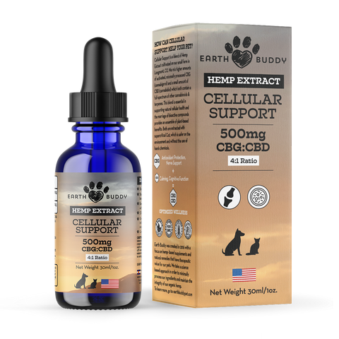 The outer packaging of Earth Buddy Cellular Support Hemp Extract blend of CBD and CBG oil for dogs and cats.
