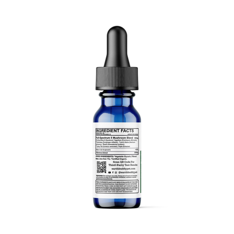 Blue dropper bottle with label on a white background