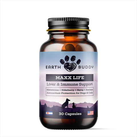 A bottle of Earth Buddy Maxx Life Glutathione for dogs and cats.