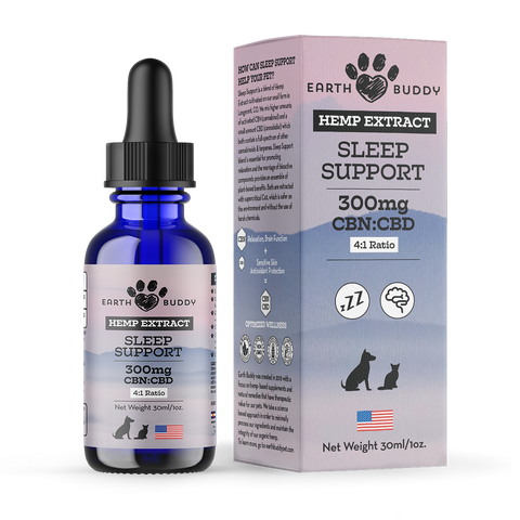 Outer packaging of Earth Buddy's Sleep Support 300MG product that is a CBN oil for sleep for dogs and cats.