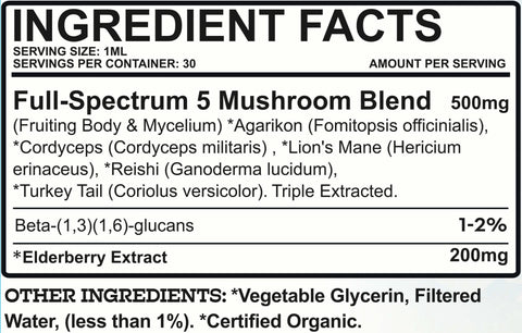 Ingredient facts label for Full-Spectrum 5 Mushroom Blend with serving size and nutritional information.