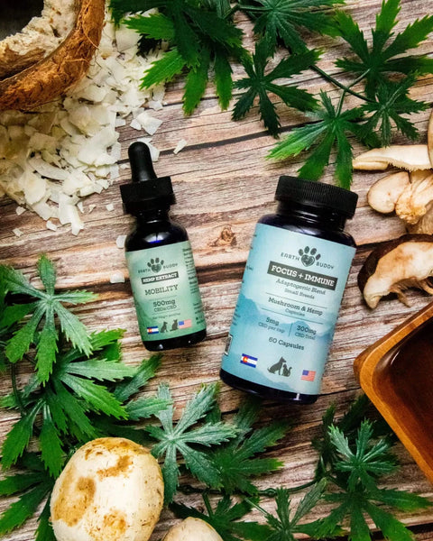 Two supplement bottles on a wooden surface with cannabis leaves and other natural elements.