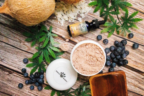 Earth Buddy full spectrum CBD oil, calming chews, and Quick Calm laid out to show three ways to give CBD to dogs and cats