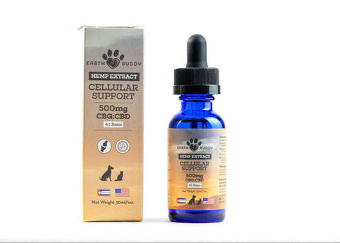 Bottle of Earth Buddy Cellular Support, a CBG oil for dogs and cats made from high-CBG hemp grown in Colorado.