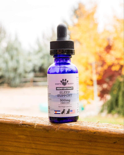 Dog resting at night next to a bottle of Earth Buddy Sleep Support, a 4:1 CBN to CBD oil for dogs and cats