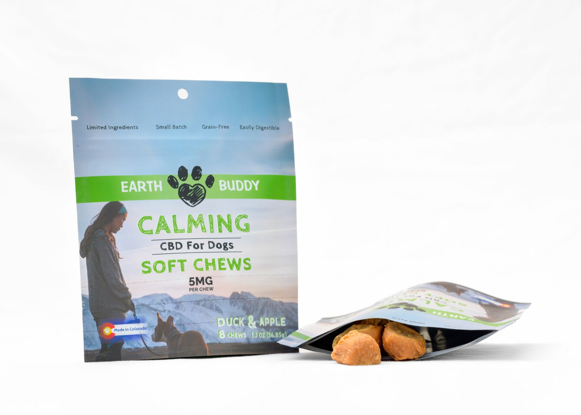 A trial-size bag of CBD dog treats by Earth Buddy. Get 8 Duck & Apple CBD Soft Chews for Small Dogs.
