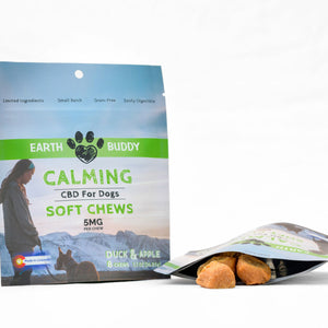 A trial-size bag of CBD dog treats by Earth Buddy. Get 8 Duck & Apple CBD Soft Chews for Small Dogs.
