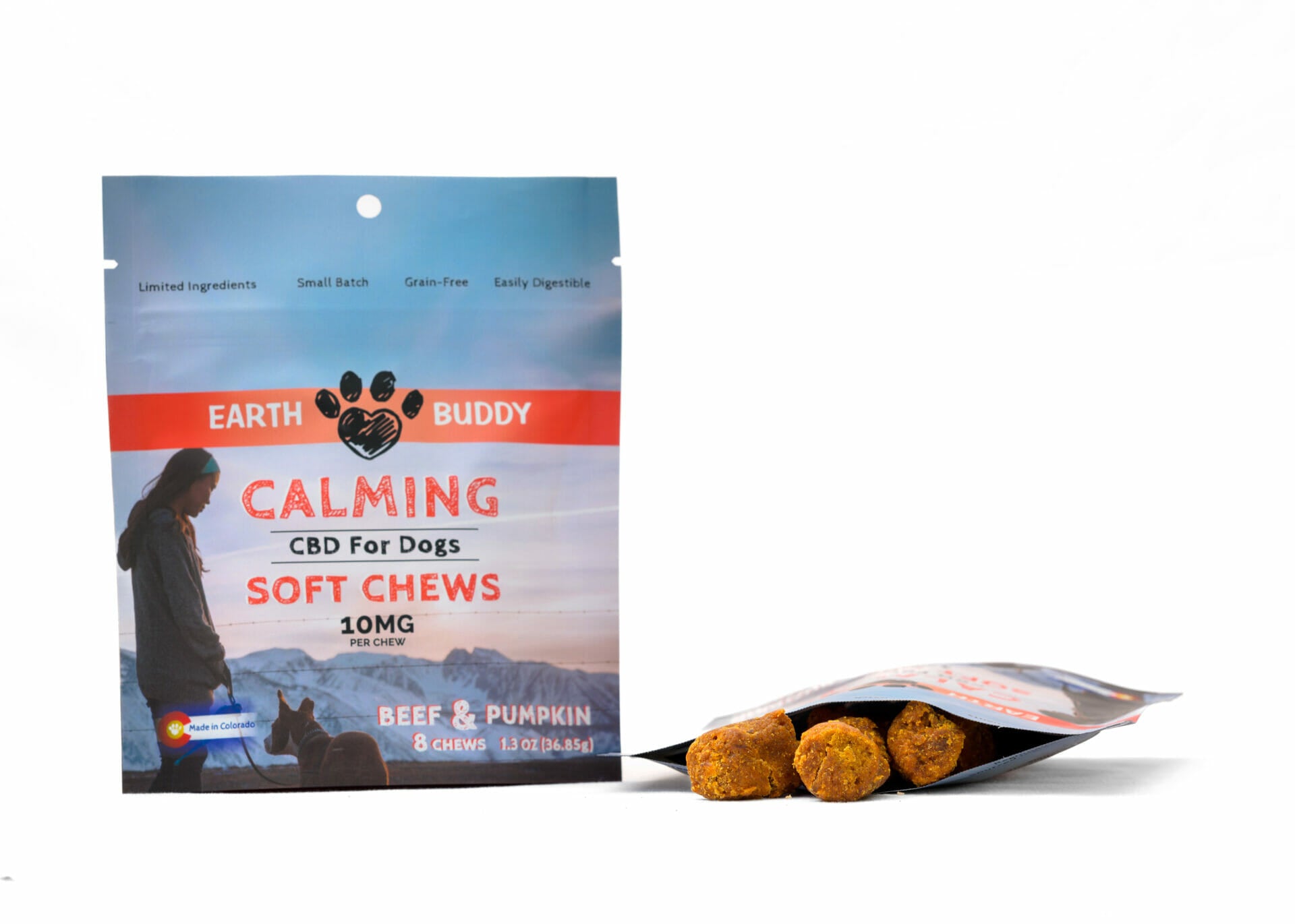 A trial-size bag of Earth Buddy CBD dog treats. Get 8 Beef & Pumpkin CBD Soft Chews for Large Dogs.