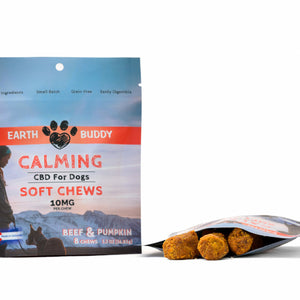 A trial-size bag of Earth Buddy CBD dog treats. Get 8 Beef & Pumpkin CBD Soft Chews for Large Dogs.
