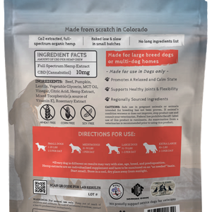 The back of a bag of small batch Earth Buddy calming CBD soft chew treats in Beef & Pumpkin Flavor.
