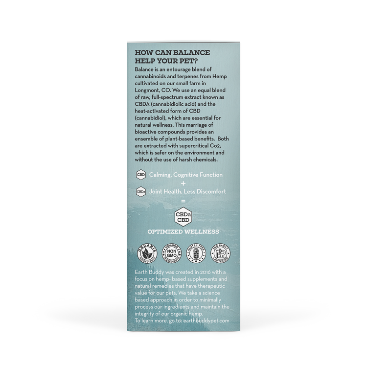 Earth Buddy Balance CBD Oil for dogs and cats is a blend of 50/50 CBD, CBDa. Balance CBD, CBDa tincture in its box.
