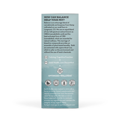 Earth Buddy Balance CBD Oil for dogs and cats is a blend of 50/50 CBD, CBDa. Balance CBD, CBDa tincture in its box.
