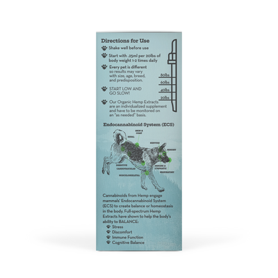 Earth Buddy Balance CBD Oil for dogs and cats is a blend of 50/50 CBD, CBDa. Balance CBD, CBDa tincture in its box.

