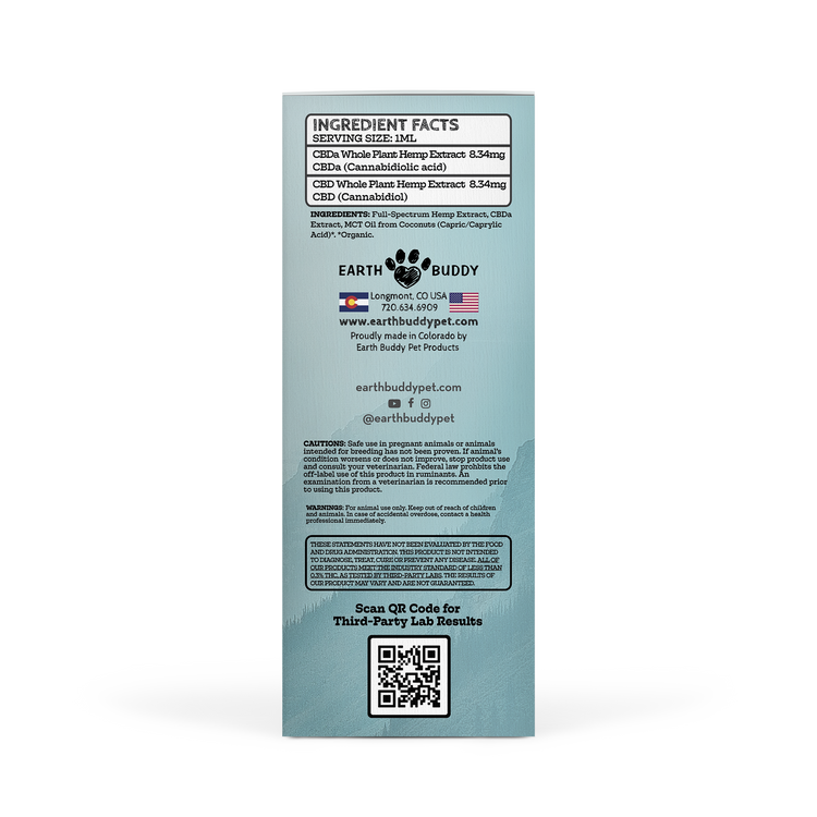 Earth Buddy Balance CBD Oil for dogs and cats is a blend of 50/50 CBD, CBDa. Balance CBD, CBDa tincture in its box.
