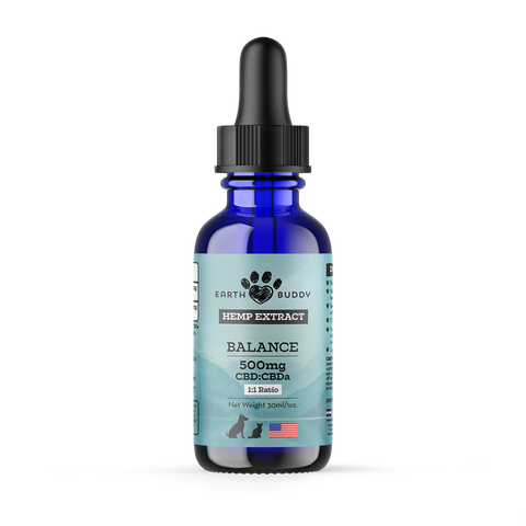 Earth Buddy Balance CBD Oil for dogs and cats is a blend of 50/50 CBD, CBDa. Balance CBD, CBDa tincture in its box.
