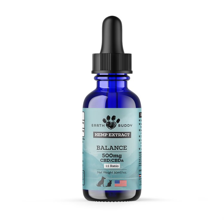 Earth Buddy Balance CBD Oil for dogs and cats is a blend of 50/50 CBD, CBDa. Balance CBD, CBDa tincture in its box.
