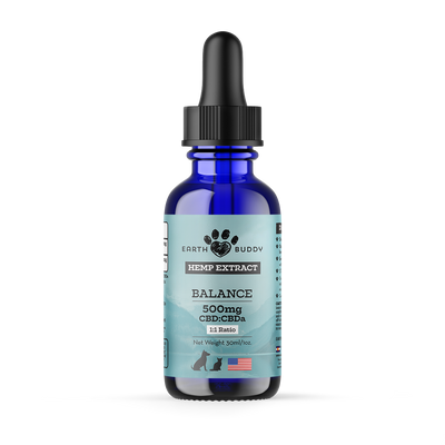 Earth Buddy Balance CBD Oil for dogs and cats is a blend of 50/50 CBD, CBDa. Balance CBD, CBDa tincture in its box.
