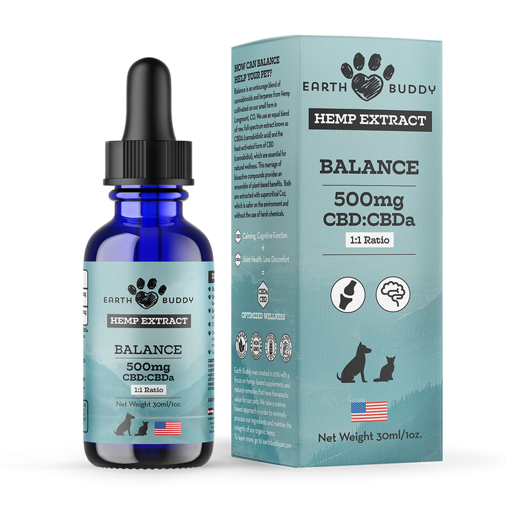 Earth Buddy Balance CBD Oil for dogs and cats is a blend of 50/50 CBD, CBDa. Balance CBD, CBDa tincture in its box.
