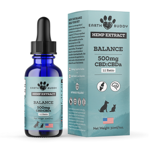 Earth Buddy Balance CBD Oil for dogs and cats is a blend of 50/50 CBD, CBDa. Balance CBD, CBDa tincture in its box.
