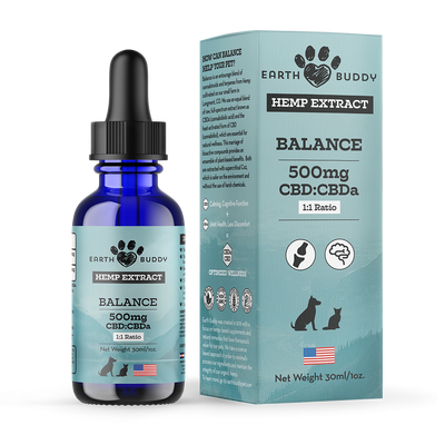 Earth Buddy Balance CBD Oil for dogs and cats is a blend of 50/50 CBD, CBDa. Balance CBD, CBDa tincture in its box.

