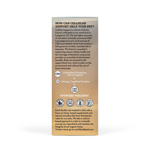 The outer packaging of Earth Buddy Cellular Support Hemp Extract blend of CBD and CBG oil for dogs and cats.
