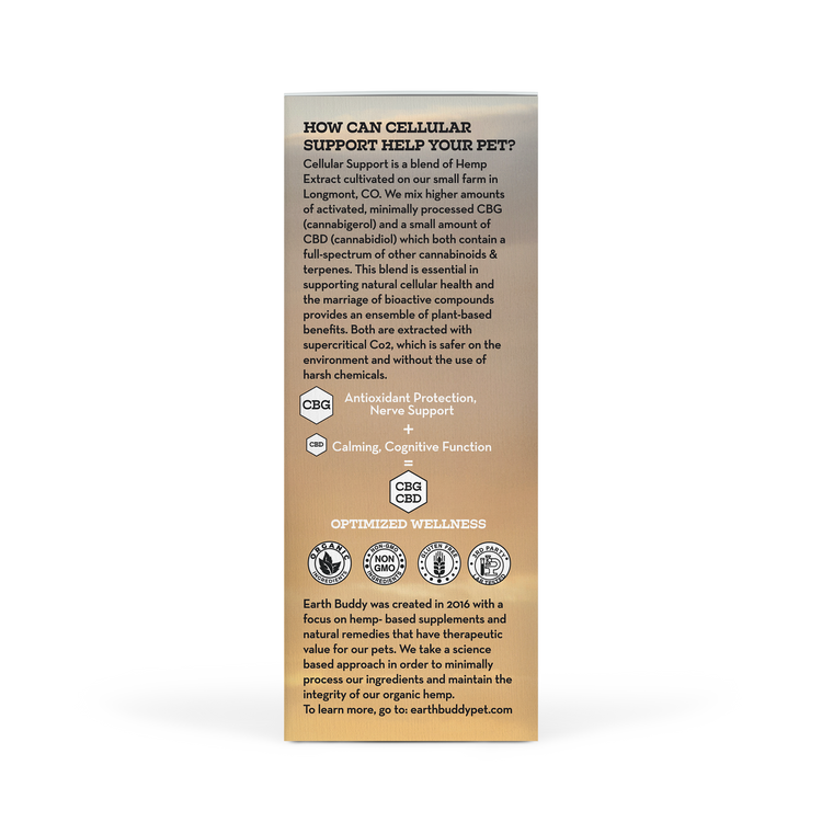 The outer packaging of Earth Buddy Cellular Support Hemp Extract blend of CBD and CBG oil for dogs and cats.

