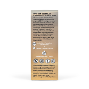 The outer packaging of Earth Buddy Cellular Support Hemp Extract blend of CBD and CBG oil for dogs and cats.
