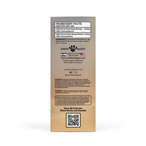 The outer packaging of Earth Buddy Cellular Support Hemp Extract blend of CBD and CBG oil for dogs and cats.
