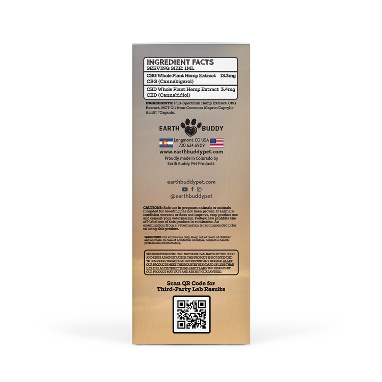 The outer packaging of Earth Buddy Cellular Support Hemp Extract blend of CBD and CBG oil for dogs and cats.
