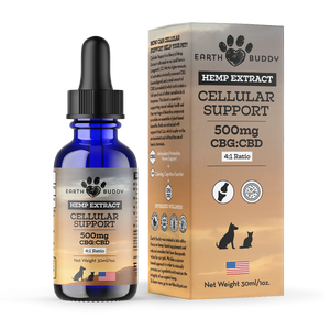 The outer packaging of Earth Buddy Cellular Support Hemp Extract blend of CBD and CBG oil for dogs and cats.
