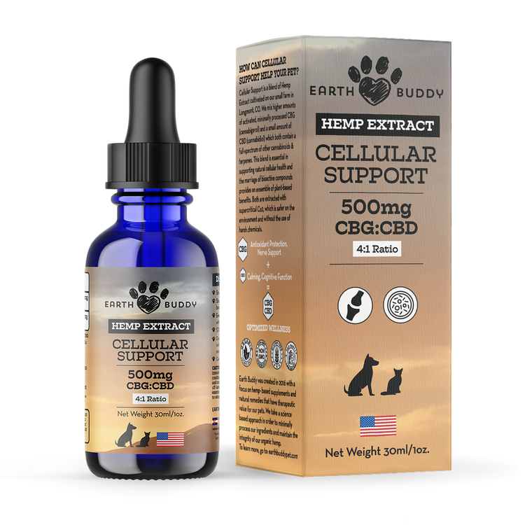The outer packaging of Earth Buddy Cellular Support Hemp Extract blend of CBD and CBG oil for dogs and cats.

