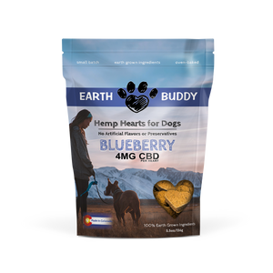 A bag of blueberry hemp hearts from Earth Buddy.