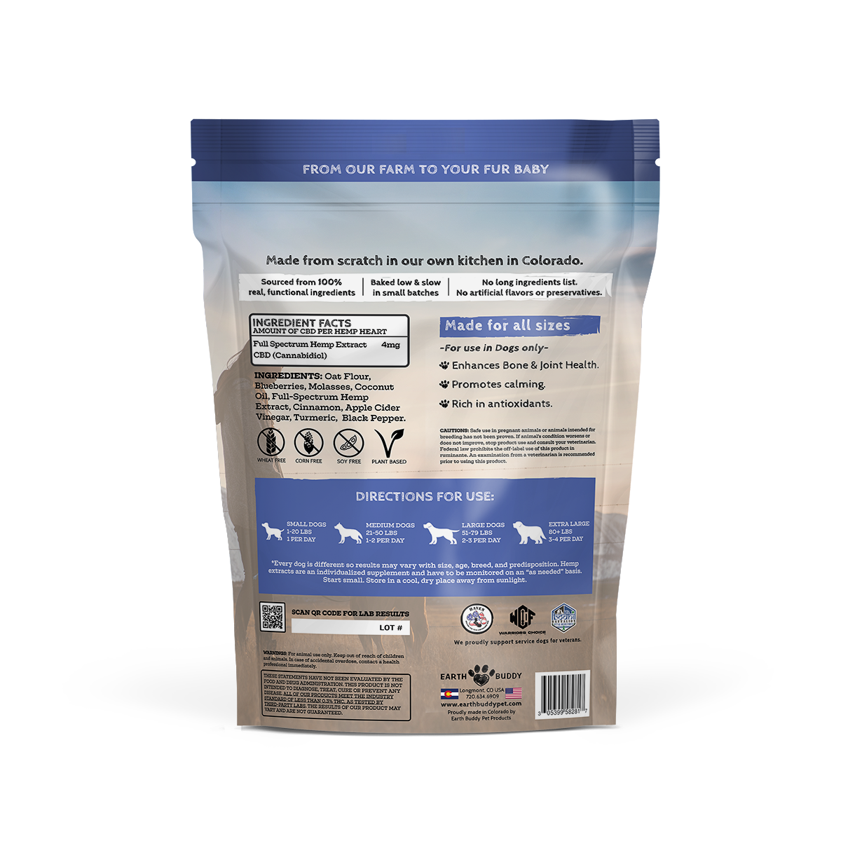 A bag of blueberry hemp hearts from Earth Buddy.
