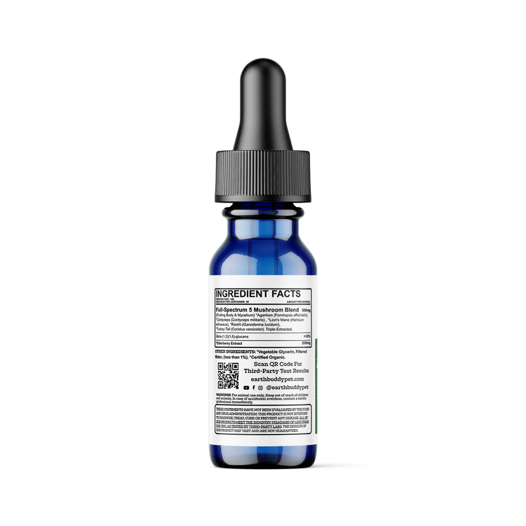 Blue dropper bottle with label on a white background