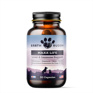  A bottle of Earth Buddy Maxx Life Glutathione for dogs and cats.
