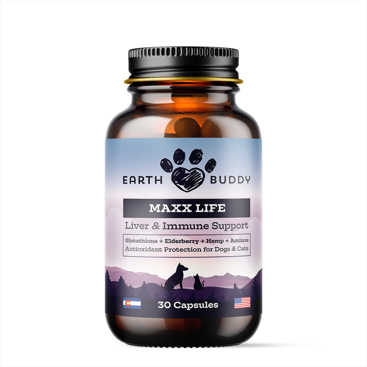  A bottle of Earth Buddy Maxx Life Glutathione for dogs and cats.
