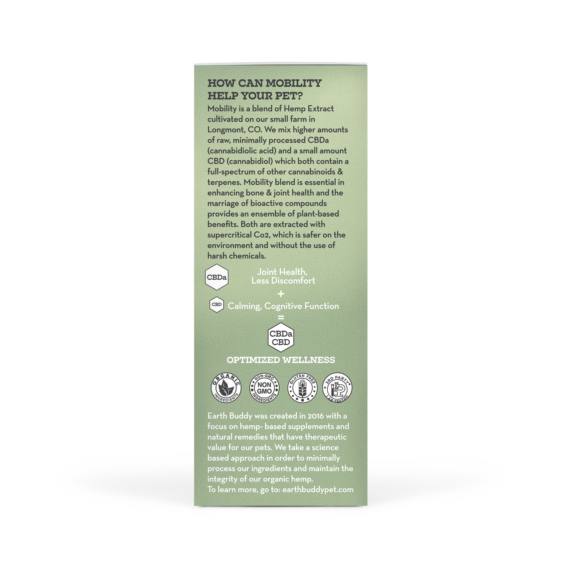 A bottle of Mobility CBDa tincture from Earth Buddy.