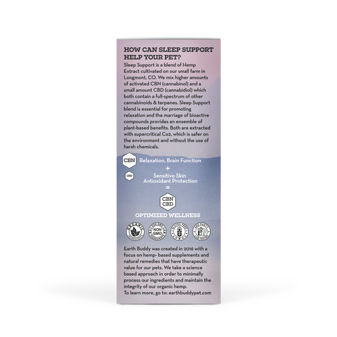 Outer packaging of Earth Buddy's Sleep Support 300MG product that is a CBN oil for sleep for dogs and cats.