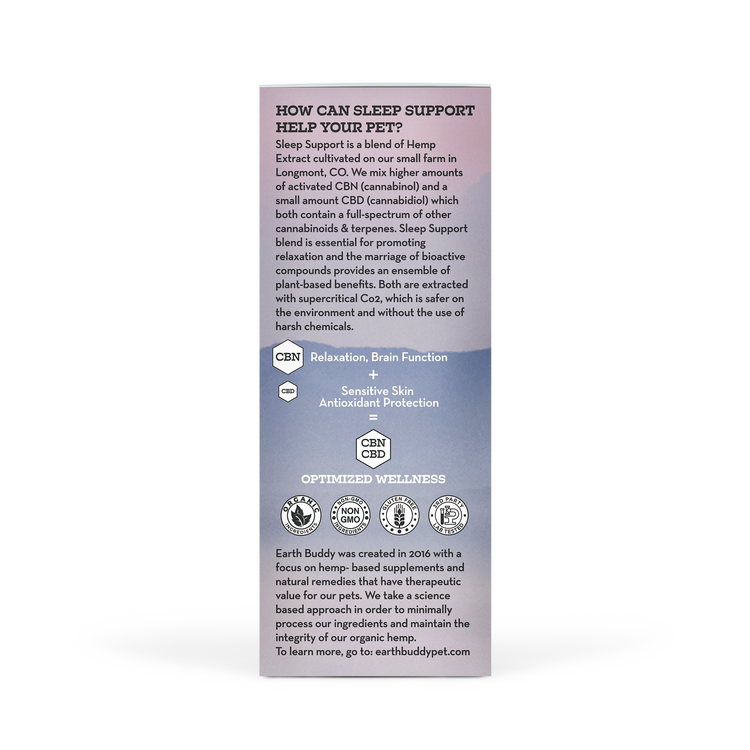 Outer packaging of Earth Buddy's Sleep Support 300MG product that is a CBN oil for sleep for dogs and cats.