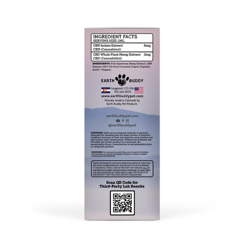 Outer packaging of Earth Buddy's Sleep Support 300MG product that is a CBN oil for sleep for dogs and cats.