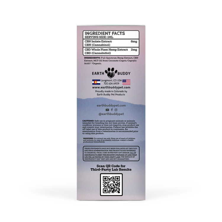 Outer packaging of Earth Buddy's Sleep Support 300MG product that is a CBN oil for sleep for dogs and cats.