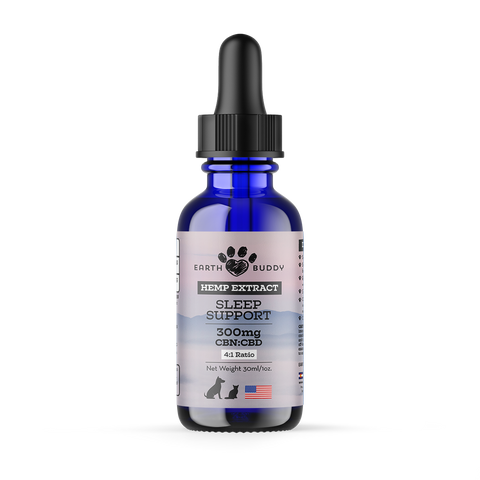Outer packaging of Earth Buddy's Sleep Support 300MG product that is a CBN oil for sleep for dogs and cats.