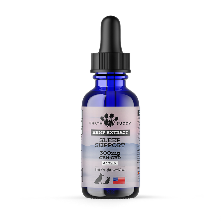 Outer packaging of Earth Buddy's Sleep Support 300MG product that is a CBN oil for sleep for dogs and cats.