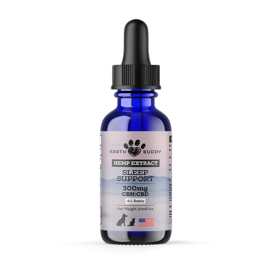 Outer packaging of Earth Buddy's Sleep Support 300MG product that is a CBN oil for sleep for dogs and cats.