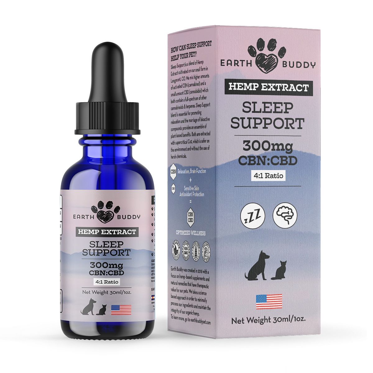 Outer packaging of Earth Buddy's Sleep Support 300MG product that is a CBN oil for sleep for dogs and cats.