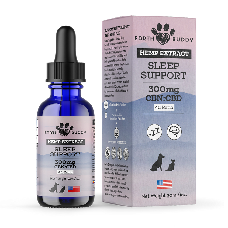 Outer packaging of Earth Buddy's Sleep Support 300MG product that is a CBN oil for sleep for dogs and cats.