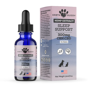 Outer packaging of Earth Buddy's Sleep Support 300MG product that is a CBN oil for sleep for dogs and cats.