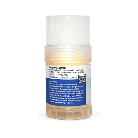 A tube of Earth Buddy hemp 125 mg Paw & Skin Balm for dogs on a wooden table. Perfect for dry skin & noses.
